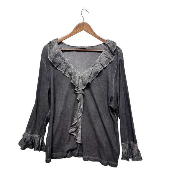 Soft Surroundings Top Womens Size XL V Neck Ruffled Long Sleeve Ribbed Distress‎ - Picture 1 of 11